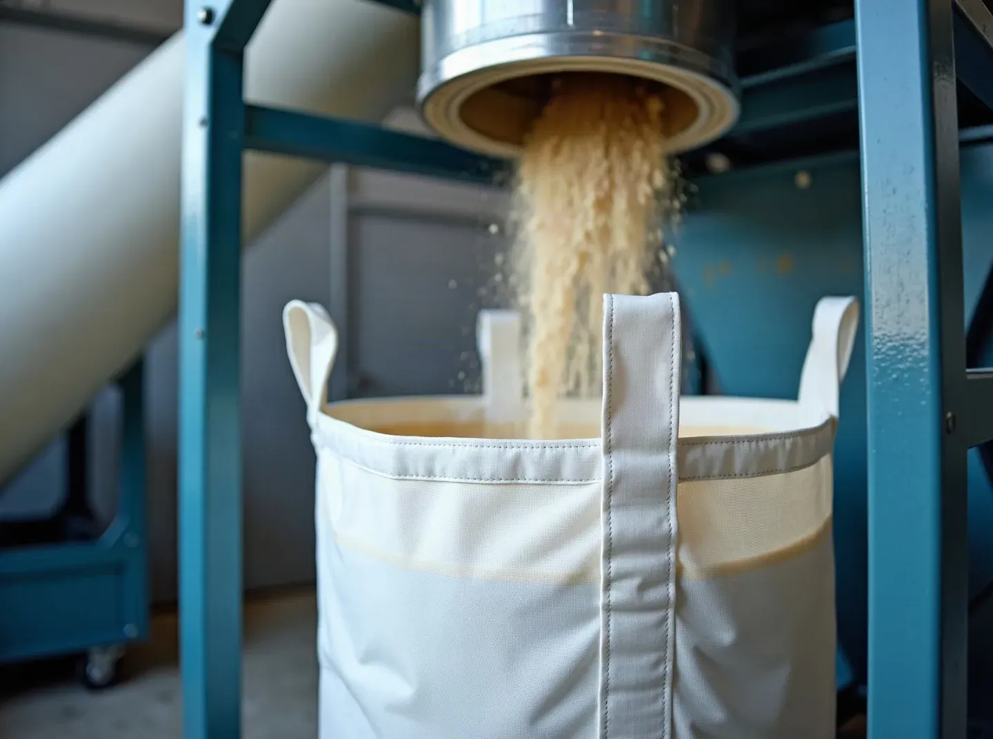 A white bulk bag on a steel filling frame taking granular material from a stainless steel hopper chute above it
