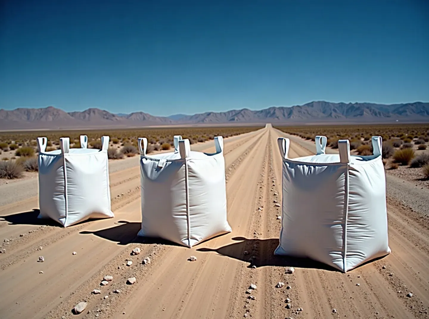 Three filled white bulk bags standing on a dirt road running into an empty Nevada basin below distant desert mountains