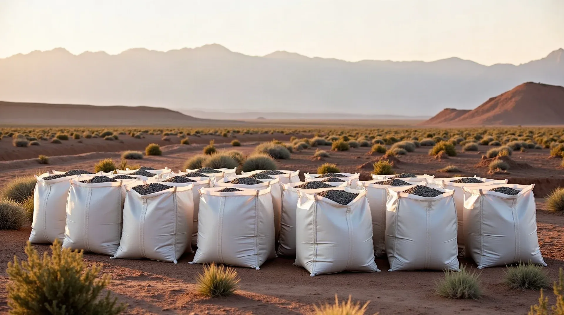 White bulk bags of dark ore standing among sagebrush on a high-desert mine site, with distant mountains washed in pale dawn light