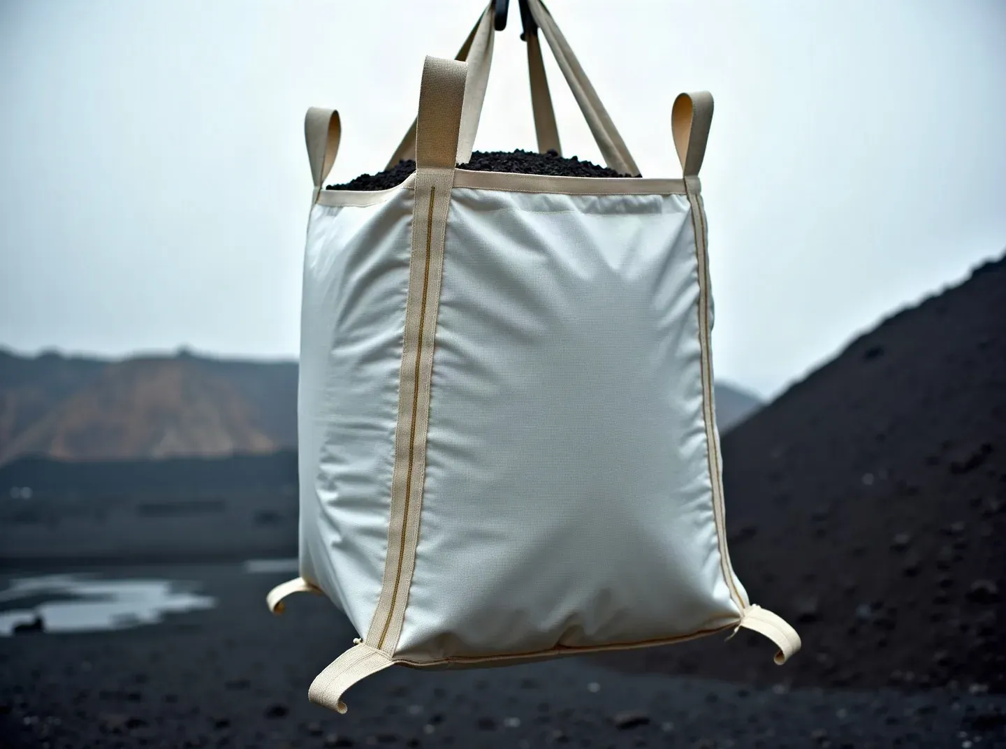 A loaded white bulk bag of dark ore hanging from a crane hook, its four webbing corner loops pulled taut by the weight