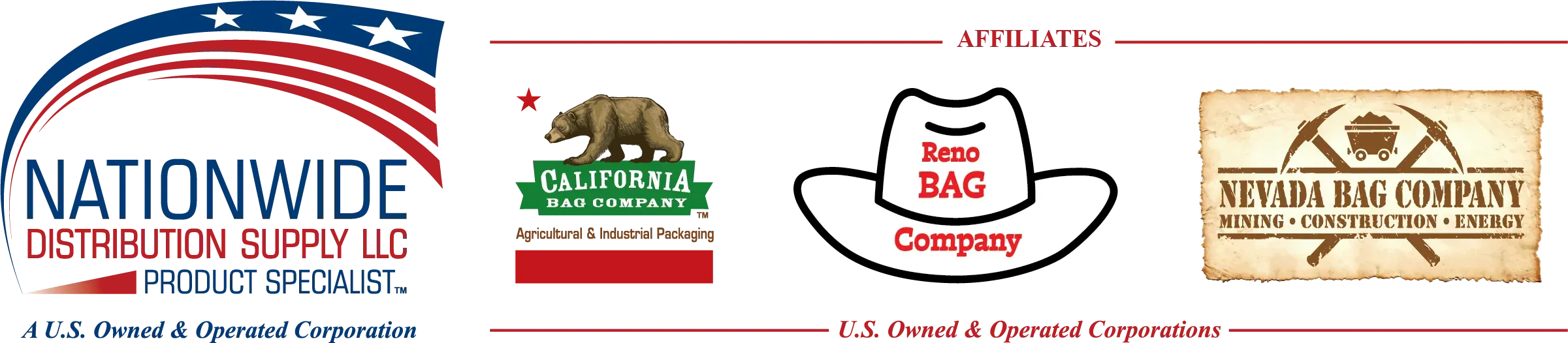 Nationwide Distribution Supply LLC logo beside its affiliates California Bag Company, Reno Bag Company and Nevada Bag Company