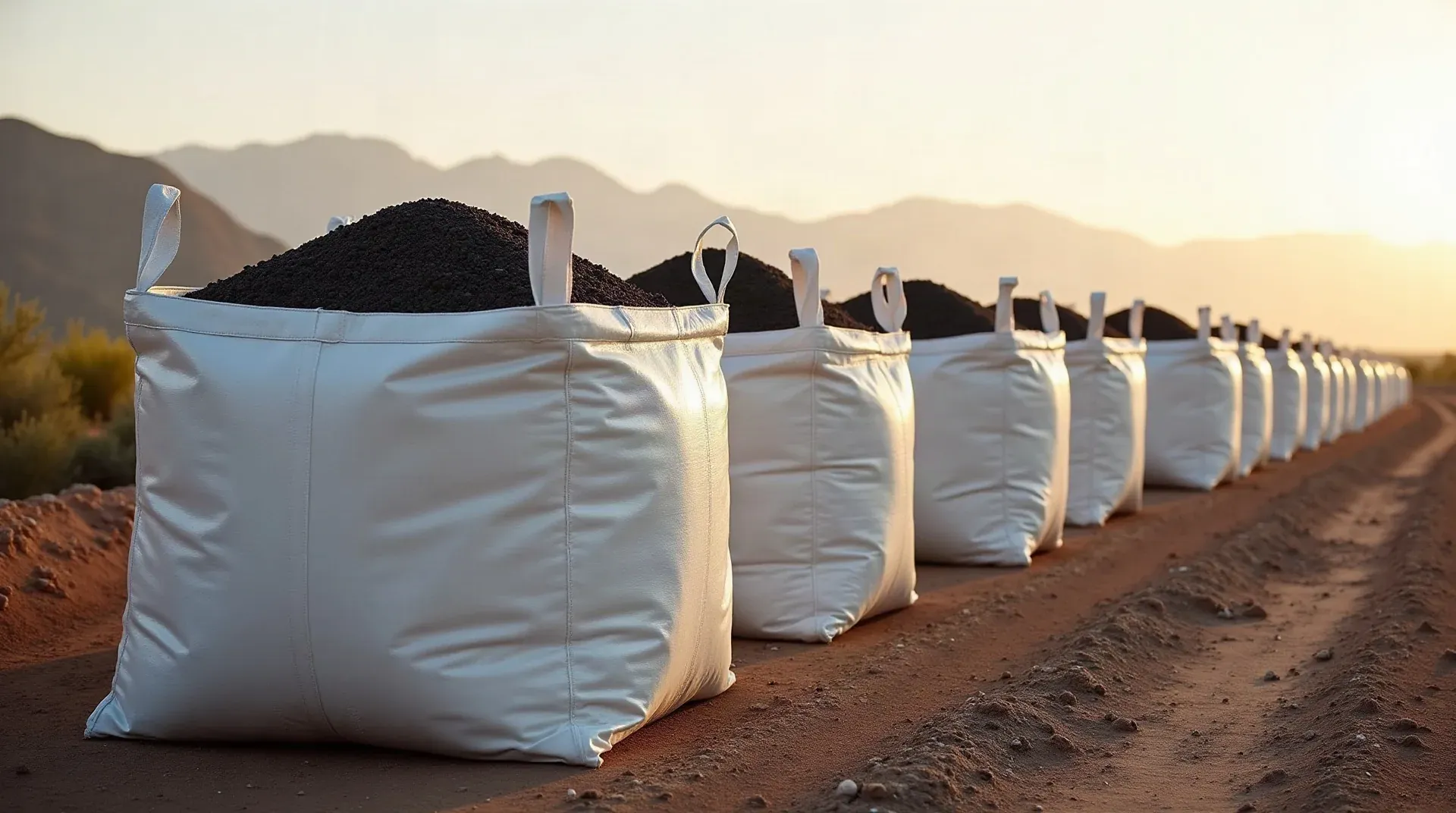 Row of woven bulk bags filled with dark crushed ore on high-desert ground at sunrise