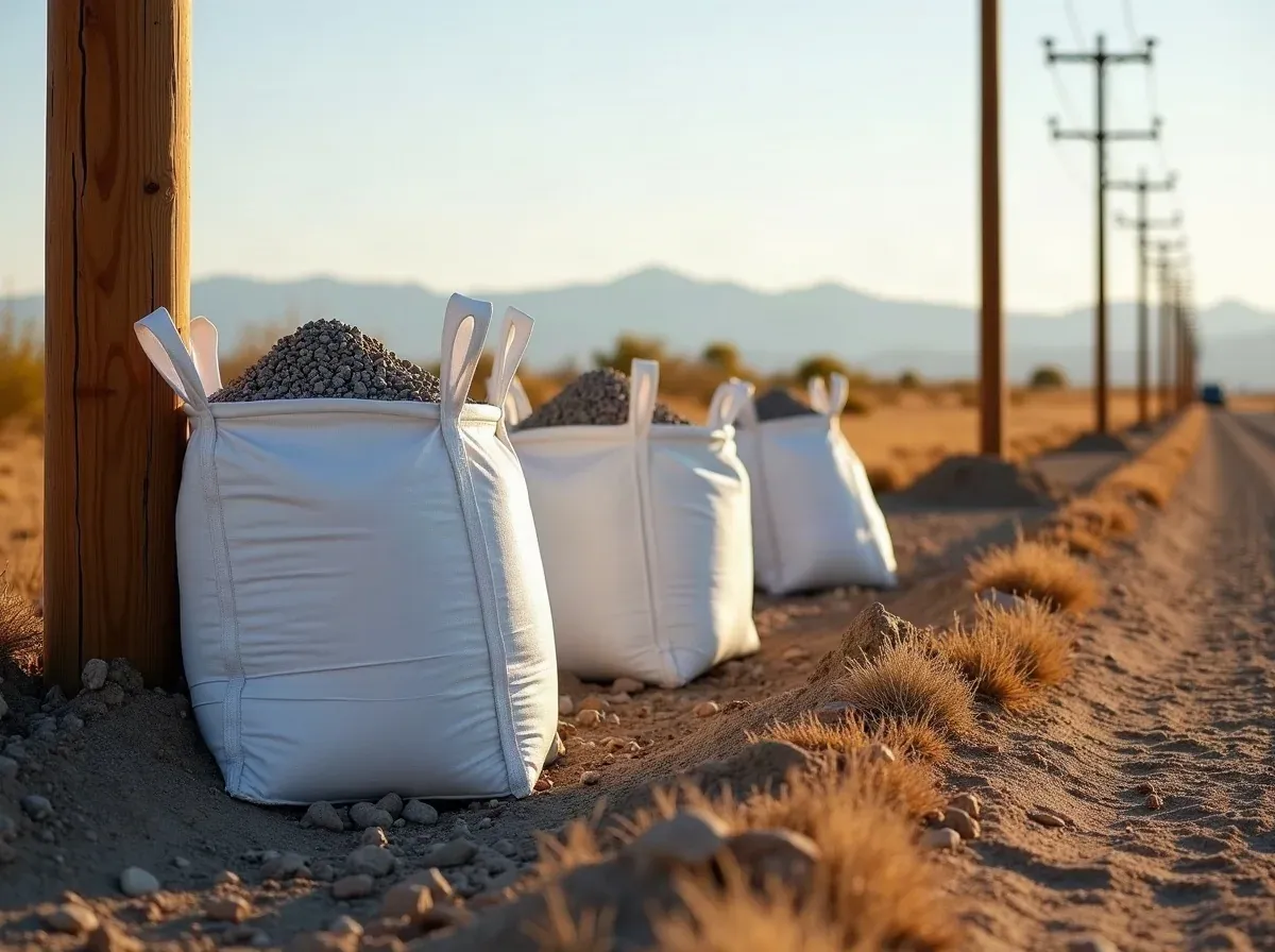 Rock bags beside a newly set utility pole, transmission poles receding to mountains