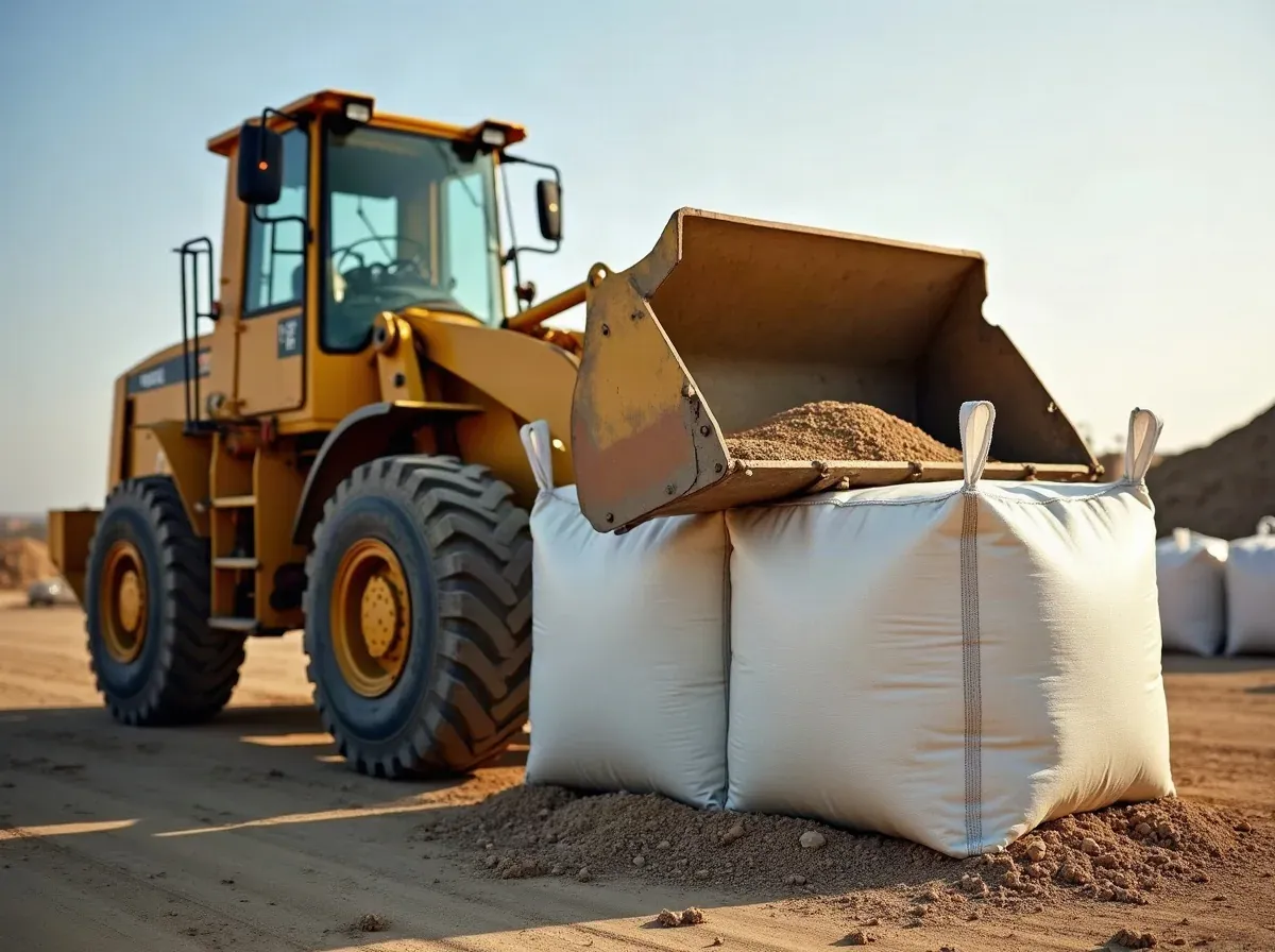 Wheel loader tipping aggregate into a woven bulk bag at a gravel yard