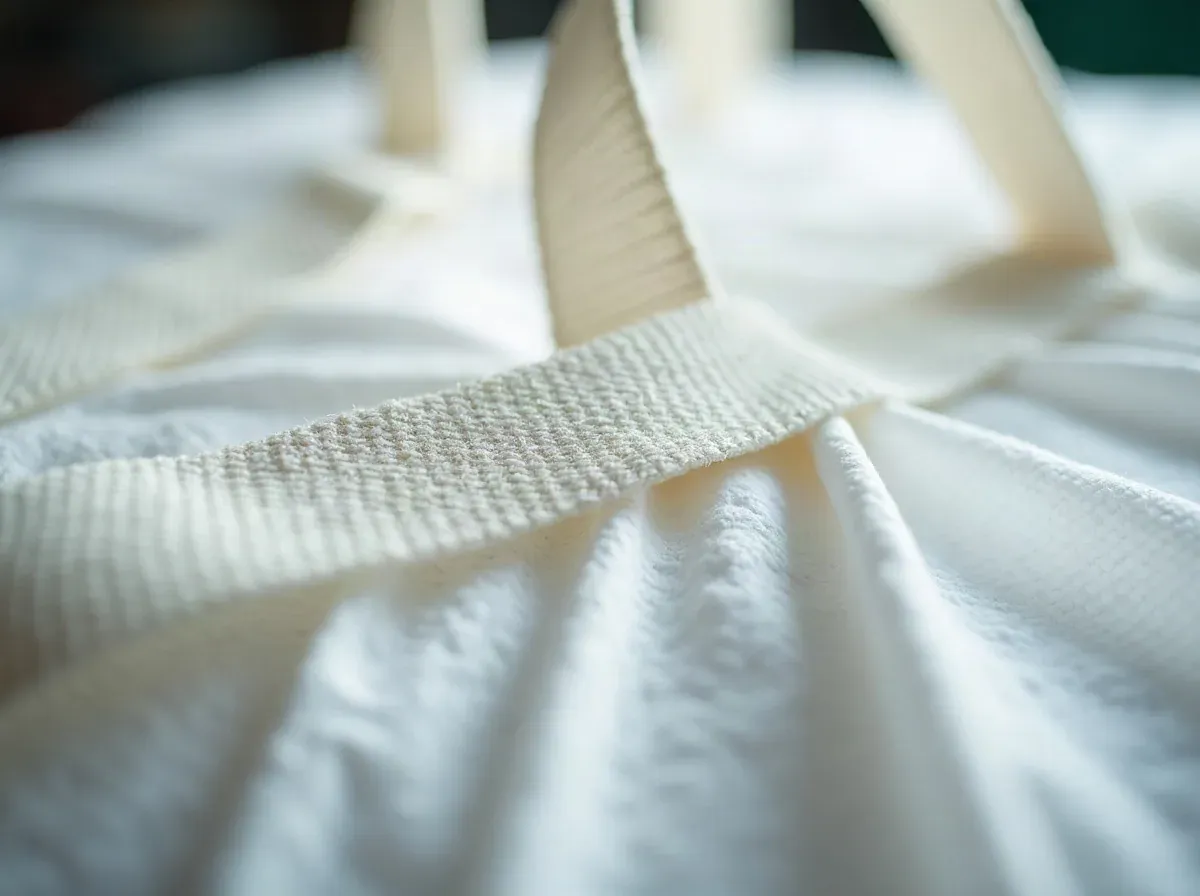 Macro view of woven polypropylene fabric and a stitched webbing lifting loop